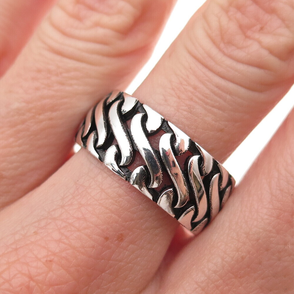 925 Sterling Silver Vintage S-Link Oxidized Wide Band Ring Size 10.25